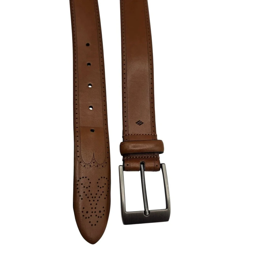 JOSEPH ABBOUD Italian Leather Brogue Dress Belt‎ Silver Buckle Brown 34 Waist